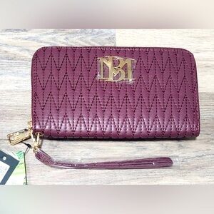 NWT Badgley Mischka Plum Long Wallet.Its a Phone Holder & Wristlet.Gold accents